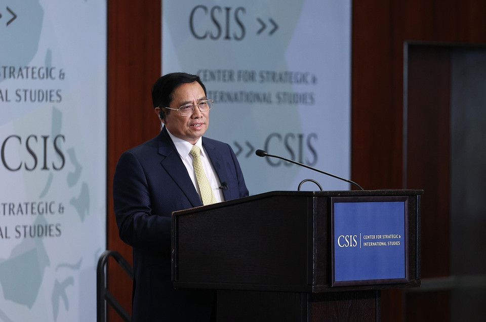 Hình ảnh Thủ tướng Phạm Minh Chính phát biểu về chính sách của Việt Nam tại Viện Nghiên cứu Chiến lược quốc tế Hoa Kỳ (CSIS). (Ảnh: Dương Giang/TTXVN) 