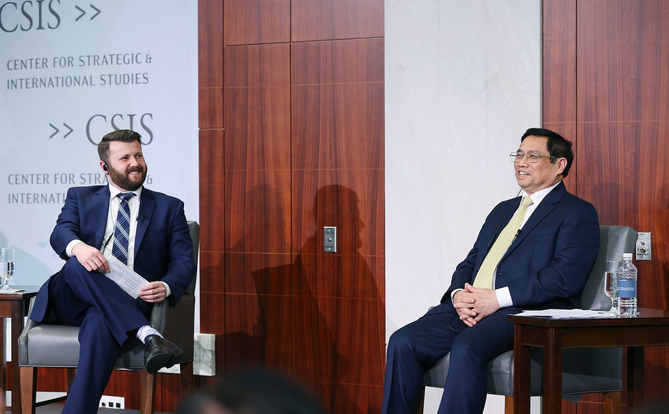 Thủ tướng Phạm Minh Chính đối thoại với các chuyên gia, nhà nghiên cứu và các học giả tại Viện Nghiên cứu Chiến lược quốc tế Hoa Kỳ (CSIS). (Ảnh: Dương Giang/TTXVN)