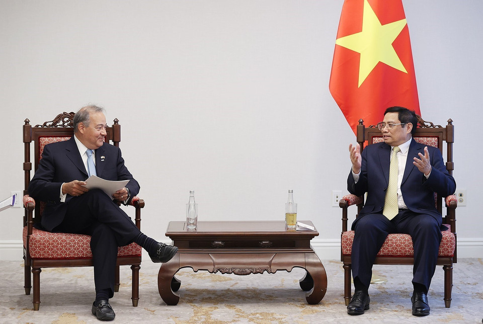 Hình ảnh Thủ tướng Phạm Minh Chính tiếp một số tập đoàn Hoa Kỳ đang đầu tư tại Việt Nam. (Ảnh: Dương Giang/TTXVN)