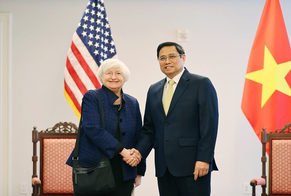 Thủ tướng Phạm Minh Chính tiếp bà Janet Yellen, Bộ trưởng Tài chính Hoa Kỳ. (Ảnh: Dương Giang/TTXVN)