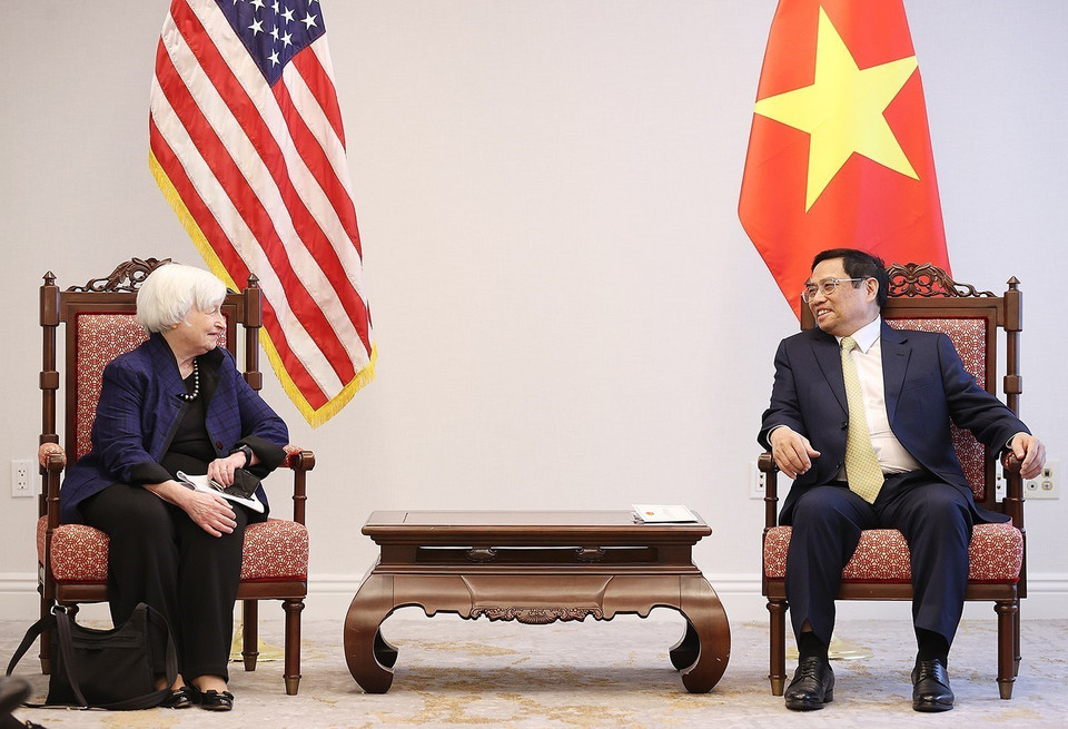 Thủ tướng Phạm Minh Chính tiếp bà Janet Yellen, Bộ trưởng Tài chính Hoa Kỳ. (Ảnh: Dương Giang/TTXVN)