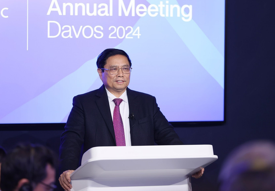 Thủ tướng Phạm Minh Chính phát biểu tại Phiên Đối thoại chiến lược quốc gia Việt Nam-WEF. (Ảnh: Dương Giang/TTXVN)