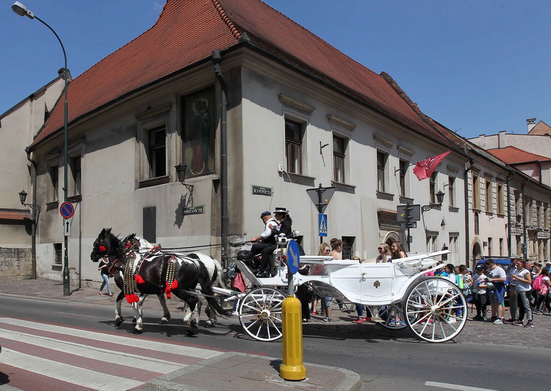 Đến Krakow, du khách có thể tham quan quanh thành phố bằng một phương tiện rất đặc biệt là xe ngựa cổ rộng rãi. (Ảnh: Quang Hải/TTXVN)