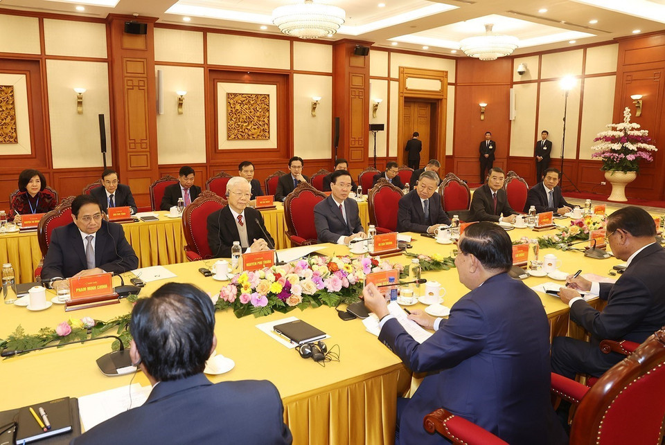 Toàn cảnh Cuộc gặp cấp cao giữa Đảng Cộng sản Việt Nam và Đảng Nhân dân Campuchia (CPP). (Ảnh : Trí Dũng/TTXVN)