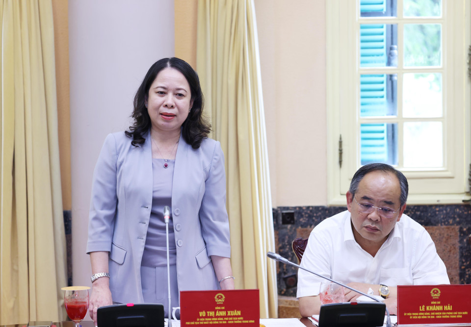 Phó Chủ tịch nước Võ Thị Ánh Xuân, Phó Chủ tịch thứ nhất Hội đồng Thi đua-Khen thưởng Trung ương phát biểu. (Ảnh: Lâm Khánh/ TTXVN)