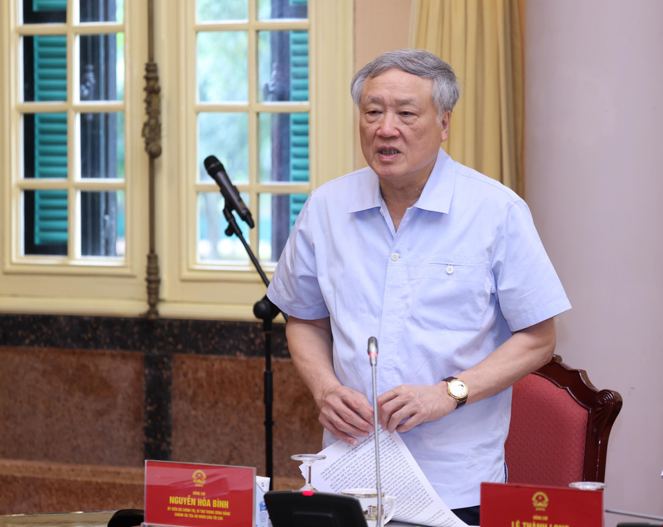 Đồng chí Nguyễn Hoà Bình, Ủy viên Bộ Chính trị, Bí thư Trung ương Đảng, Chánh án Toà án Nhân dân Tối cao phát biểu. (Ảnh: Lâm Khánh/TTXVN)
