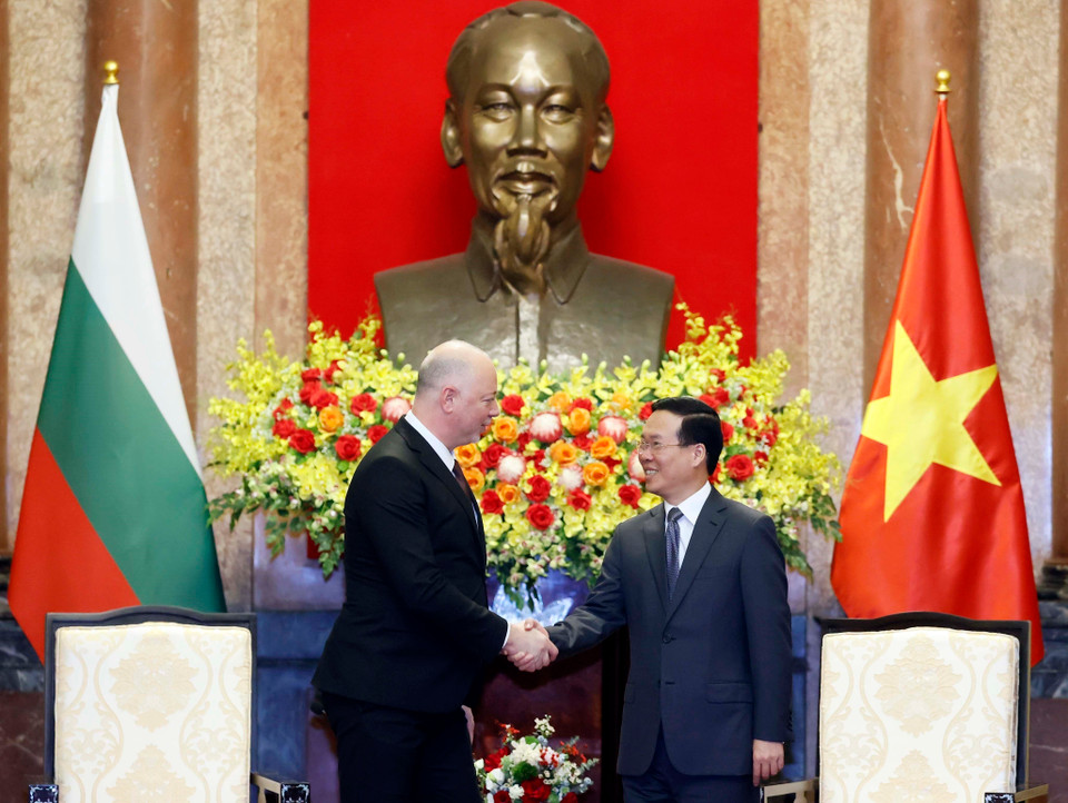 Chiều 8/1/2024, tại Phủ Chủ tịch, Chủ tịch nước Võ Văn Thưởng tiếp Chủ tịch Quốc hội Cộng hòa Bulgaria Rossen Dimitrov Jeliazkov đang thăm chính thức Việt Nam. (Ảnh: Thống Nhất/TTXVN)