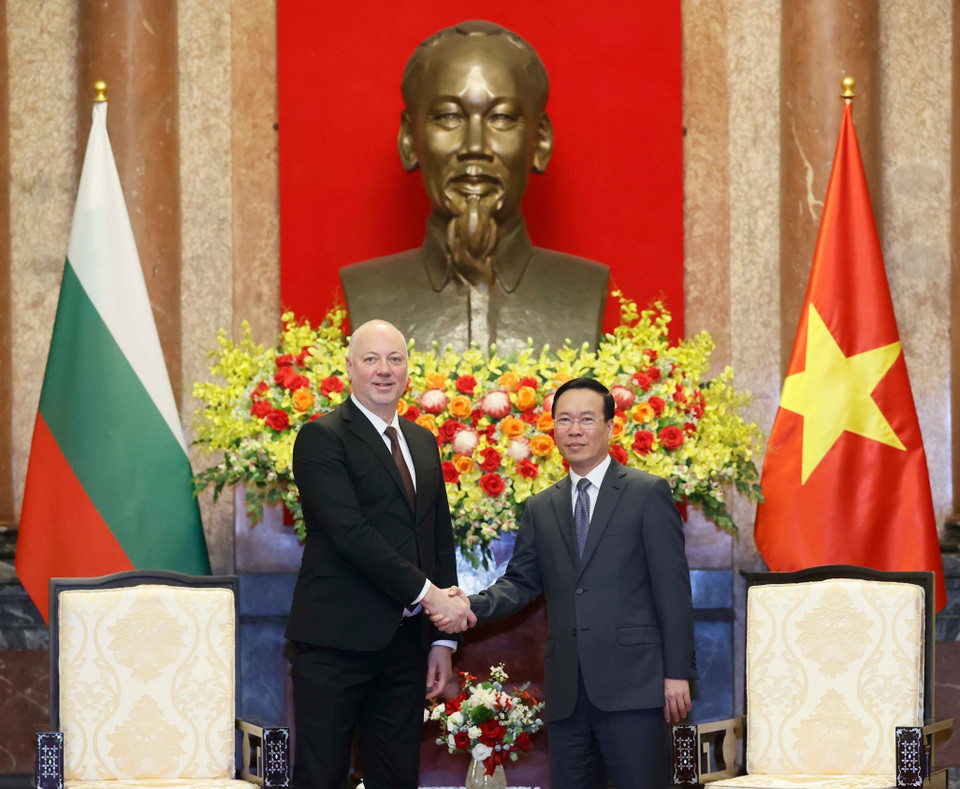 Chủ tịch nước Võ Văn Thưởng tiếp Chủ tịch Quốc hội Cộng hòa Bulgaria Rossen Dimitrov Jeliazkov. (Ảnh: Thống Nhất/TTXVN)