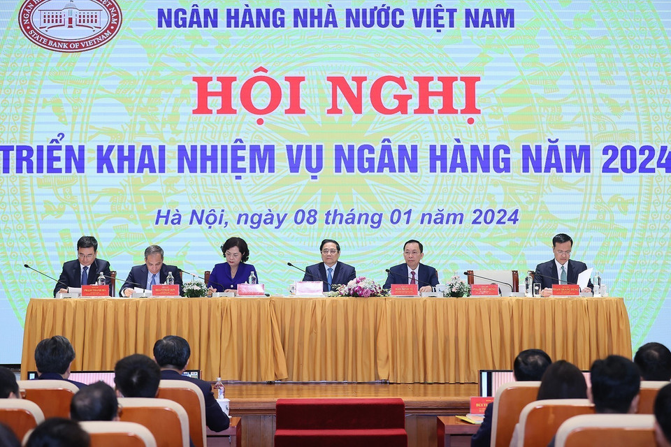 Thủ tướng Phạm Minh Chính dự Hội nghị triển khai nhiệm vụ ngành Ngân hàng năm 2024. (Ảnh: Dương Giang/TTXVN)