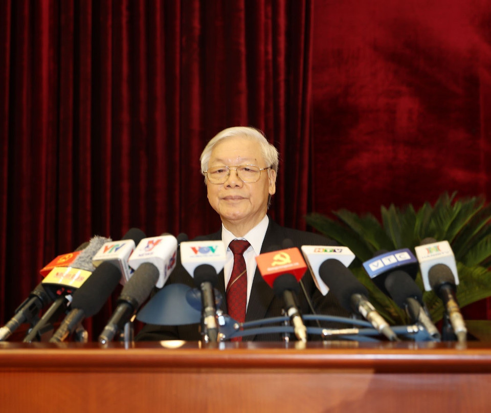 Tổng Bí thư Nguyễn Phú Trọng phát biểu bế mạc Hội nghị. (Ảnh: Trí Dũng/TTXVN)