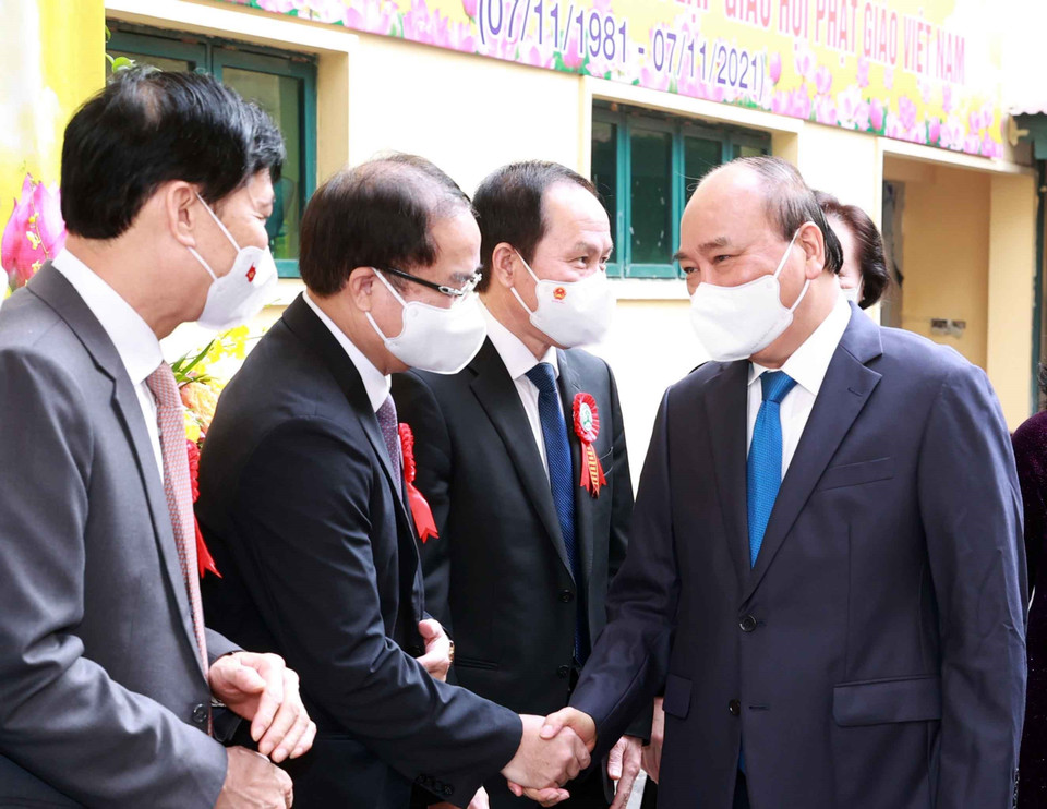 Chủ tịch nước Nguyễn Xuân Phúc và các đại biểu tại lễ kỷ niệm. (Ảnh: Thống Nhất/TTXVN)