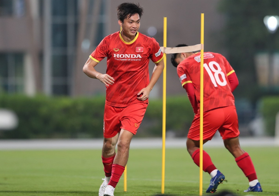 Tiền vệ Tuấn Anh tại buổi tập. (Ảnh: Hoàng Linh/TTXVN)