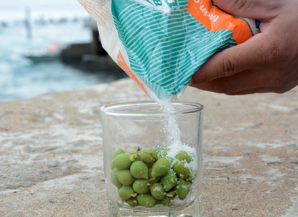 Quả tra thường được đem ngâm đường, đậy kín tạo thành si rô có vị thơm, ngọt của nho và vị mặn của biển. (Ảnh: Văn Dũng/TTXVN)