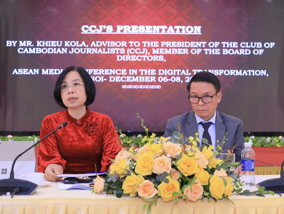 Ủy viên Ban Thường vụ Hội Nhà báo Việt Nam, Tổng Giám đốc Thông tấn xã Việt Nam Vũ Việt Trang phát biểu. (Ảnh: Hoàng Hiếu/TTXVN)