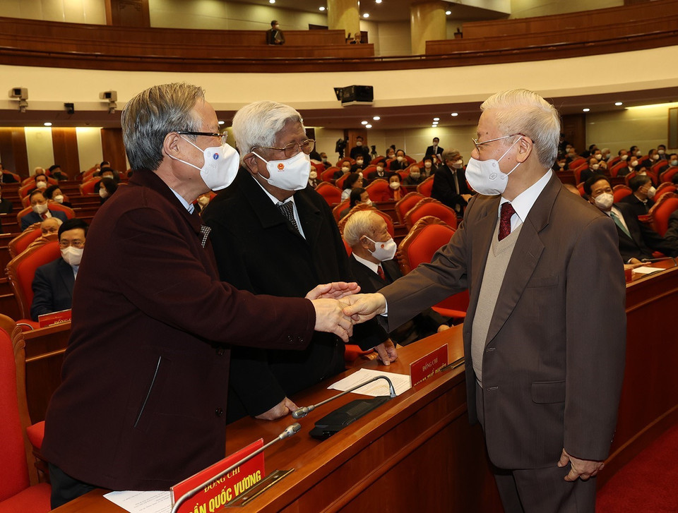 Hình ảnh Tổng Bí thư Nguyễn Phú Trọng với các nguyên lãnh đạo cấp cao của Đảng, Nhà nước. (Ảnh: Trí Dũng/TTXVN)