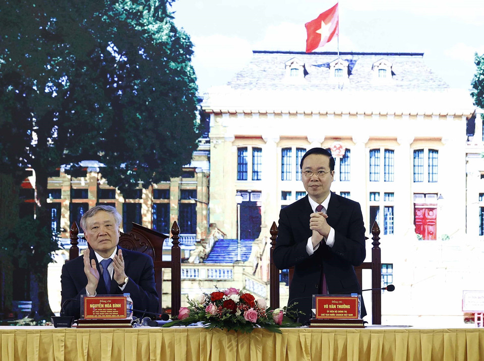 Chủ tịch nước Võ Văn Thưởng tại buổi làm việc. (Ảnh: Thống Nhất/TTXVN)