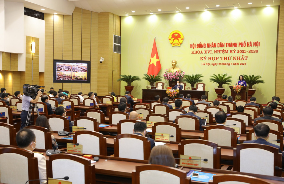 Quang cảnh phiên khai mạc Kỳ họp thứ nhất HĐND thành phố Hà Nội khóa XVI, nhiệm kỳ 2021-2026. (Ảnh: Nguyễn Điệp/TTXVN)