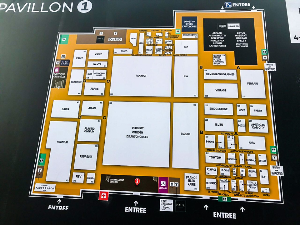 Gian hàng của VinFast nằm tại Pavillon 1 - khu triển lãm Paris Motorshow, bên cạnh những tên tuổi lớn như Ferrari, Suzuki... Triển lãm Paris Motor Show sẽ diễn ra từ 2/10 đến 14/10.