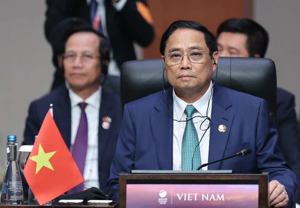 Thủ tướng Phạm Minh Chính phát biểu tại Hội nghị Cấp cao Đặc biệt ASEAN-Canada. (Ảnh: Dương Giang/TTXVN)