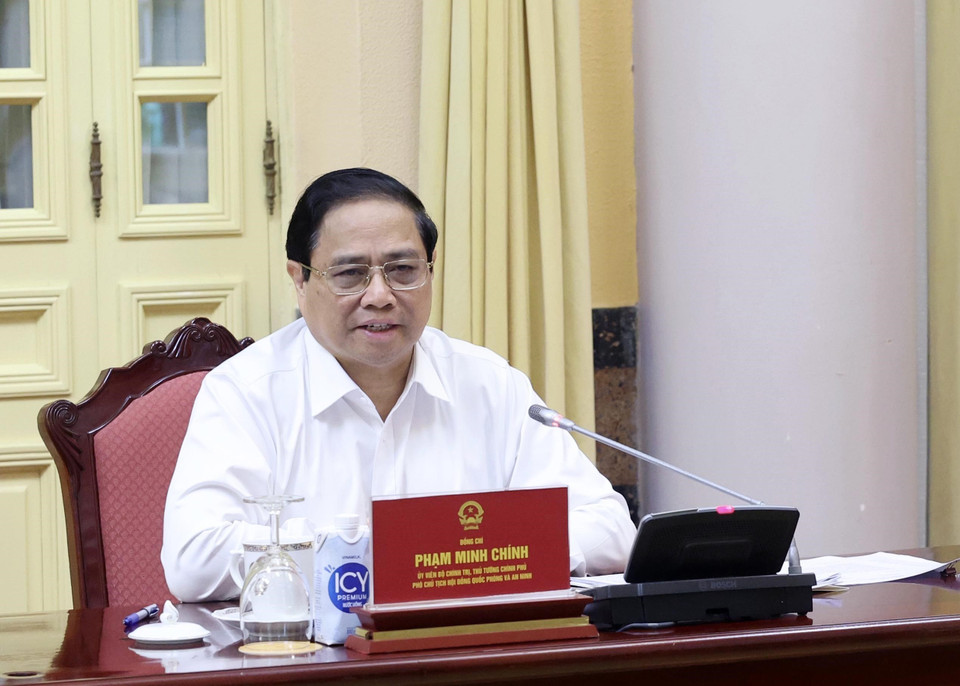 Thủ tướng Phạm Minh Chính phát biểu tại Phiên họp thứ 5 Hội đồng Quốc phòng và An ninh. (Ảnh: Nhan Sáng/TTXVN)