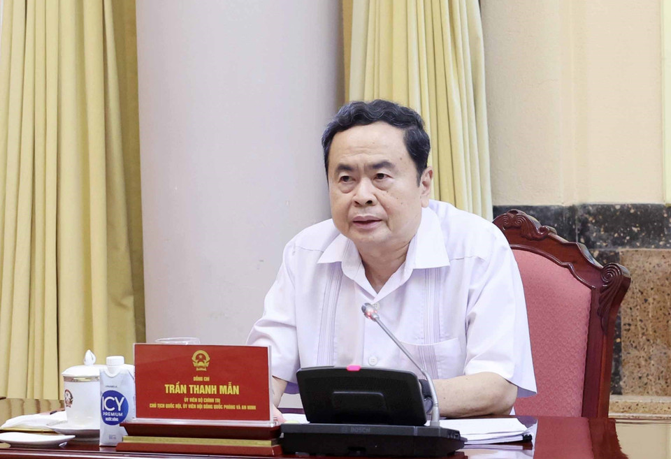 Chủ tịch Quốc hội Trần Thanh Mẫn phát biểu tại Phiên họp thứ 5 Hội đồng Quốc phòng và An ninh. (Ảnh: Nhan Sáng/TTXVN)