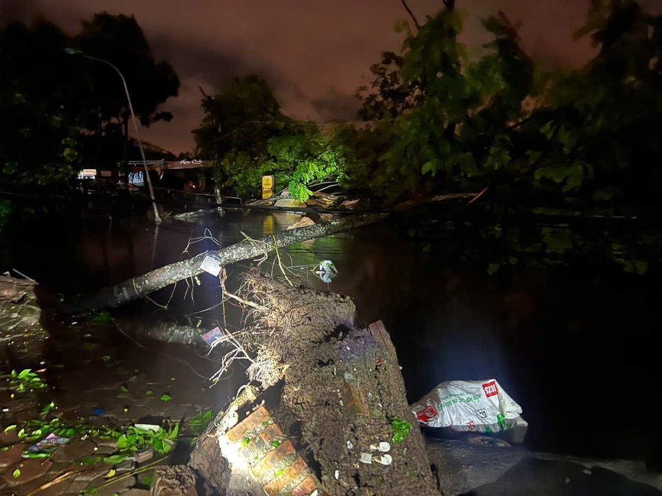 Phố Tân Khai, quận Hoàng Mai ngập úng nặng (ảnh chụp lúc 21h45). (Ảnh: Phạm Kiên/TTXVN)