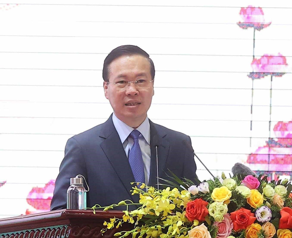 Chủ tịch nước Võ Văn Thưởng phát biểu chỉ đạo tại buổi làm việc với Bộ Tư lệnh Quân khu 2. (Ảnh: Thống Nhất/TTXVN)