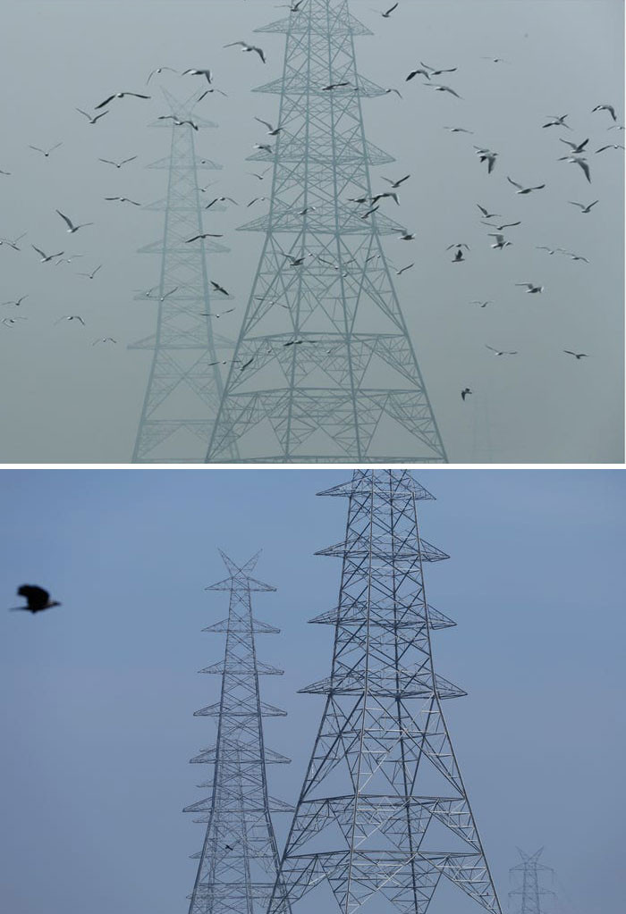 Nồng độ bụi mịn tại New Delhi, Ấn Độ, đã giảm 71% trong một tuần. Hình ảnh các trụ điện ở New Delhi, Ấn Độ, được chụp vào ngày 30/10/2019 (trên) và ngày 13/4/2020 (dưới).(Nguồn: boredpanda.com)