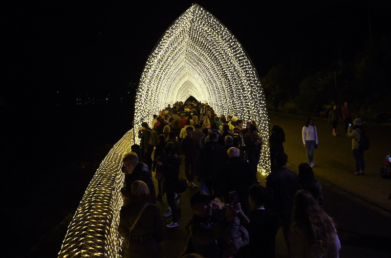 Khách tham quan chiêm ngưỡng đường hầm lung linh ánh sáng tại công viên Bách thảo Hoàng gia. (Nguồn: AFP/TTXVN)