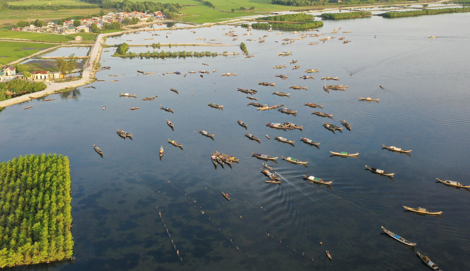 Làng chài ngư dân trên đầm Phá Tam Giang thuộc khu vực xã Quảng Lợi, huyện Quảng Điền. (Ảnh: Hồ Cầu/TTXVN)