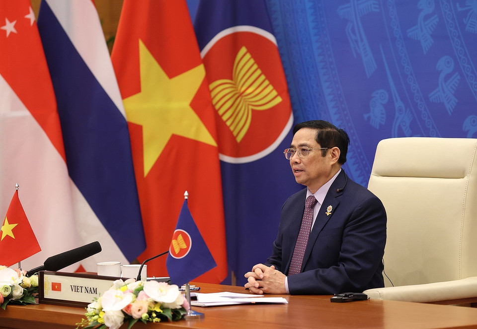 Thủ tướng Phạm Minh Chính phát biểu tại Hội nghị cấp cao ASEAN-Ấn Độ lần thứ 18. (Ảnh: Dương Giang/TTXVN)