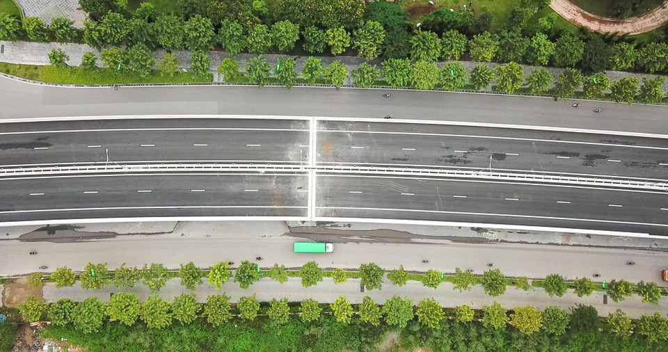 Toàn cảnh hàng cây giáng hương dọc hai bên đường nhìn từ trên cao. (Ảnh: Hào Nguyễn/Vietnam+)