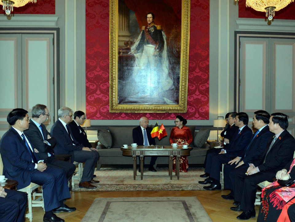 Chủ tịch Quốc hội Nguyễn Thị Kim Ngân hội kiến với Chủ tịch Thượng viện Bỉ Jacques Brotchi. (Ảnh: Trọng Đức/TTXVN)