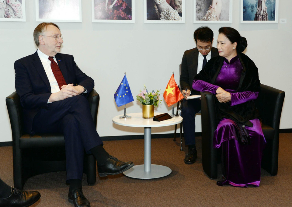 Chủ tịch Quốc hội Nguyễn Thị Kim Ngân tiếp Chủ tịch Ủy ban Thương mại quốc tế của EP Bernd Lange. (Ảnh: Trọng Đức/TTXVN)