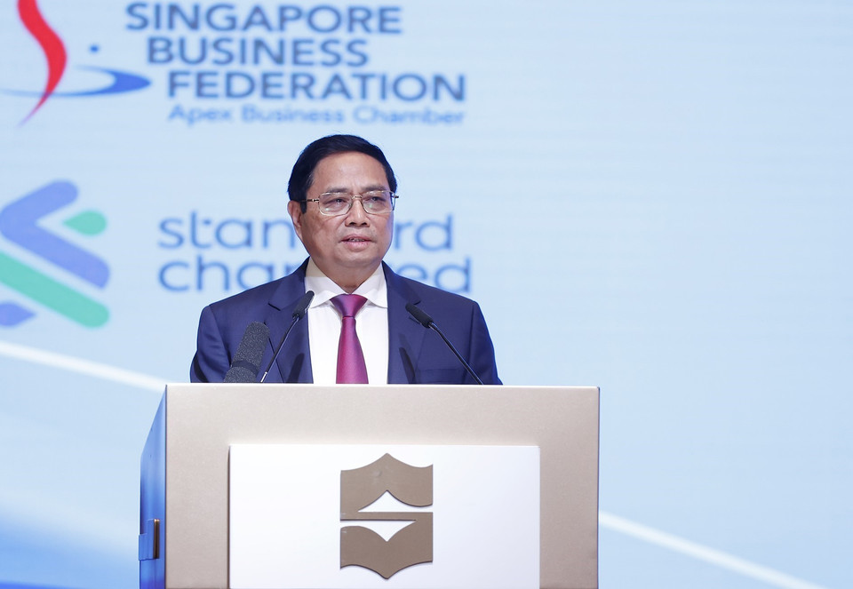 Thủ tướng Phạm Minh Chính phát biểu tại Diễn đàn Doanh nghiệp Việt Nam-Singapore. (Ảnh: Dương Giang/TTXVN)