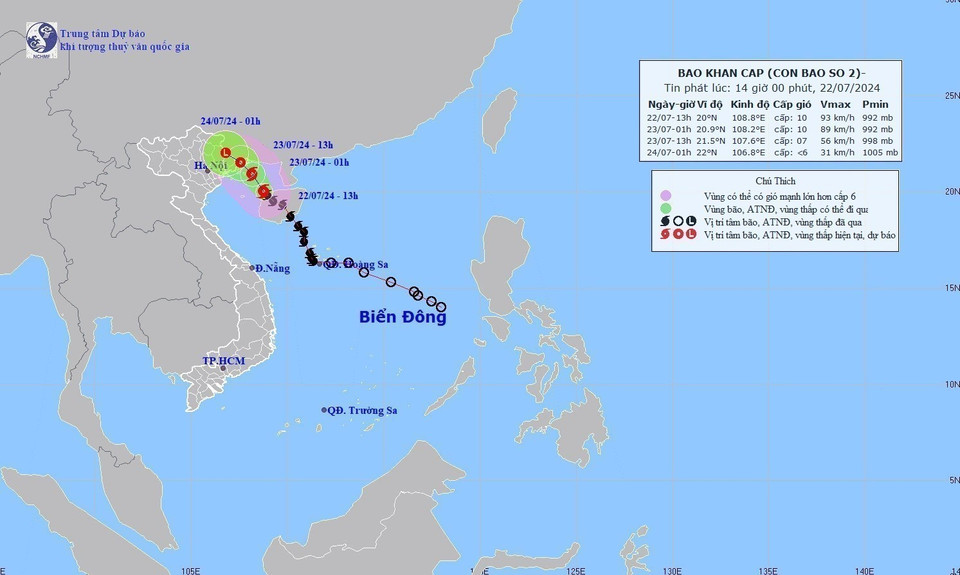 Hướng đi của bão số 2, tối 22/7/2024. (Ảnh: TTXVN phát)