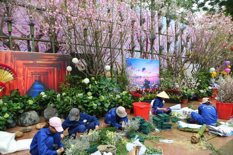 Gấp rút hoàn thành trang trí cây để kịp tiến độ khai mạc Lễ hội. (Ảnh: Thành Đạt/TTXVN)