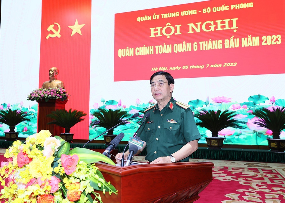 Đại tướng Phan Văn Giang, Bộ trưởng Bộ Quốc phòng phát biểu. (Ảnh: Dương Giang/TTXVN)