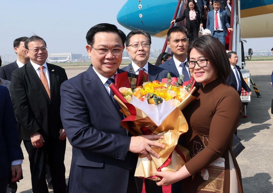 Cán bộ, nhân viên Tổng Lãnh sự quán và đại diện kiều bào ở Thượng Hải đón Chủ tịch Quốc hội Vương Đình Huệ tại Sân bay quốc tế Hồng Kiều Thượng Hải. (Ảnh: Nhan Sáng/TTXVN)