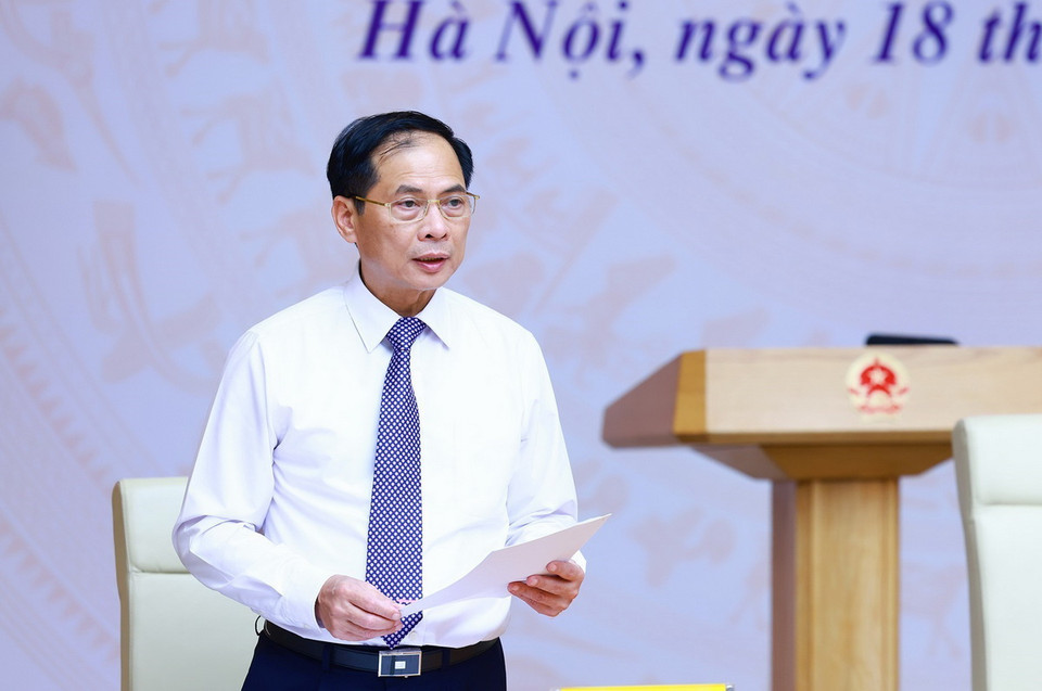 Bộ trưởng Bộ Ngoại giao Bùi Thanh Sơn báo cáo kết quả triển khai công tác ngoại giao kinh tế 6 tháng đầu năm và trọng tâm 6 tháng cuối năm 2024. (Ảnh: Dương Giang/TTXVN)