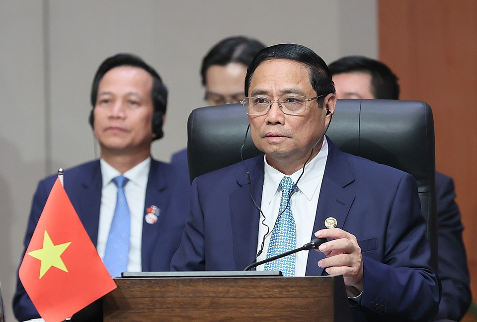 Thủ tướng Phạm Minh Chính phát biểu tại Hội nghị Cấp cao ASEAN-Ấn Độ lần thứ 20. (Ảnh: Dương Giang/TTXVN)