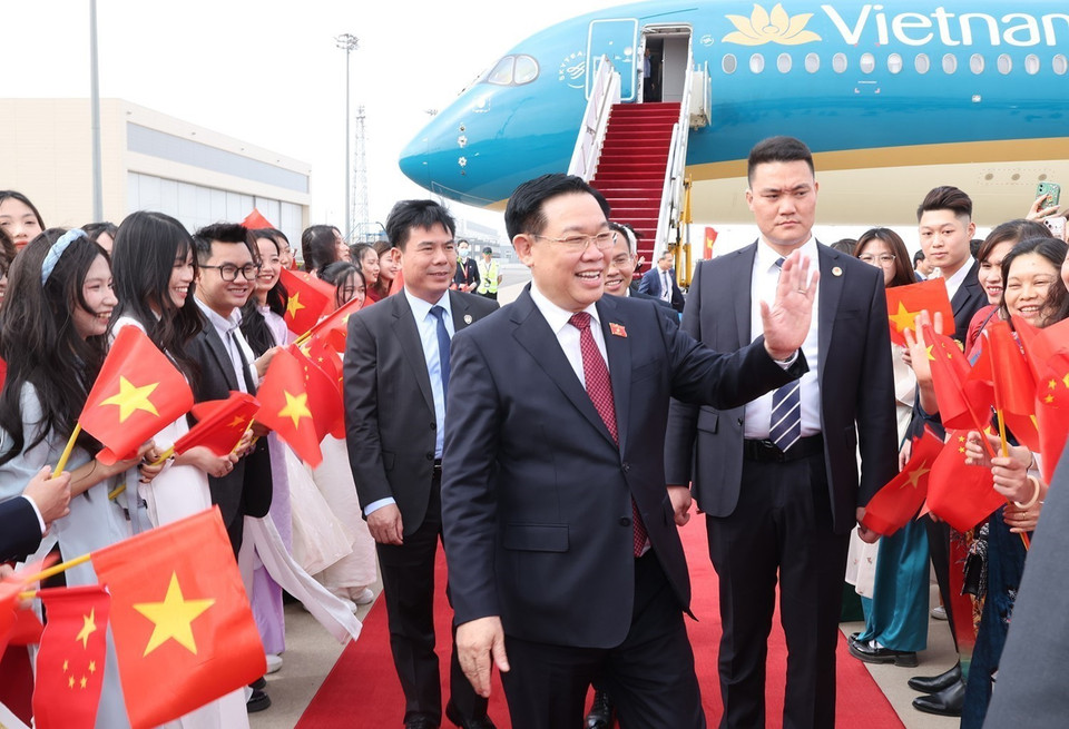 Cán bộ, nhân viên Đại sứ quán và đại diện cộng đồng người Việt Nam đón Chủ tịch Quốc hội Vương Đình Huệ tại sân bay quốc tế Bắc Kinh. (Ảnh: Nhan Sáng/TTXVN)