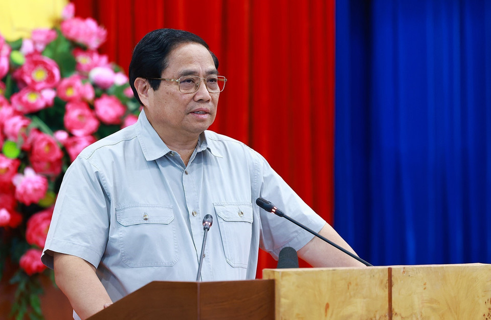 Thủ tướng Phạm Minh Chính phát biểu kết luận buổi làm việc với lãnh đạo tỉnh Bình Dương. (Ảnh: Dương Giang/TTXVN)