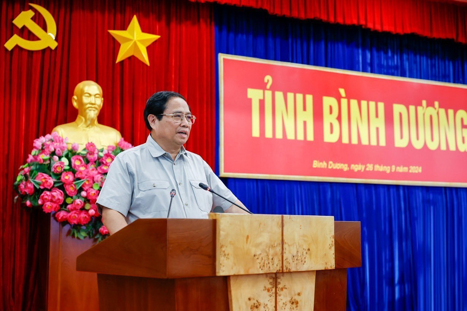 Thủ tướng Phạm Minh Chính phát biểu kết luận buổi làm việc với lãnh đạo tỉnh Bình Dương. (Ảnh: Dương Giang/TTXVN)