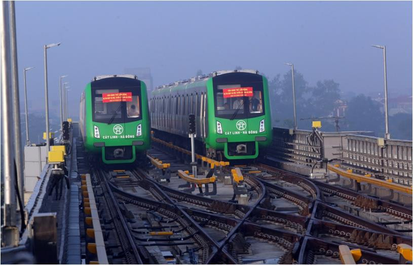 Tuyến đường sắt Cát Linh-Hà Đông dự kiến khai thác 13 đoàn tàu chạy với vận tốc thiết kế tối đa 80 km/giờ, vận tốc bình quân khai thác 35 km/giờ, khai thác với tần suất vận chuyển khoảng 2 phút/chuyến. (Ảnh: Huy Hùng/TTXVN)