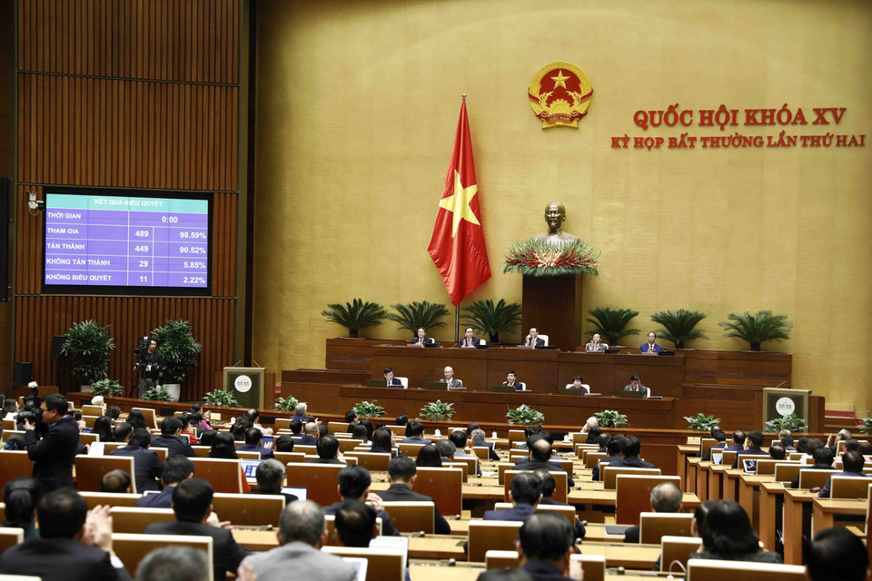 449/489 đại biểu tán thành thông qua Nghị quyết về Quy hoạch tổng thể quốc gia thời kỳ 2021-2030, tầm nhìn 2050. (Ảnh: An Đăng/TTXVN)