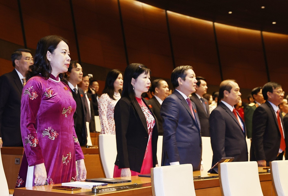 Các đại biểu dự Kỳ họp bất thường thứ hai thực hiện nghi lễ chào cờ. (Ảnh: Thống Nhất/TTXVN)