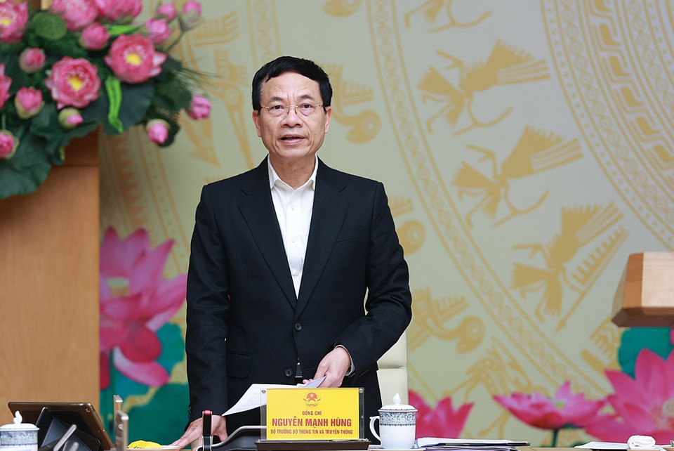 Bộ trưởng Bộ Thông tin và Truyền thông Nguyễn Mạnh Hùng phát biểu. (Ảnh: Dương Giang/TTXVN)