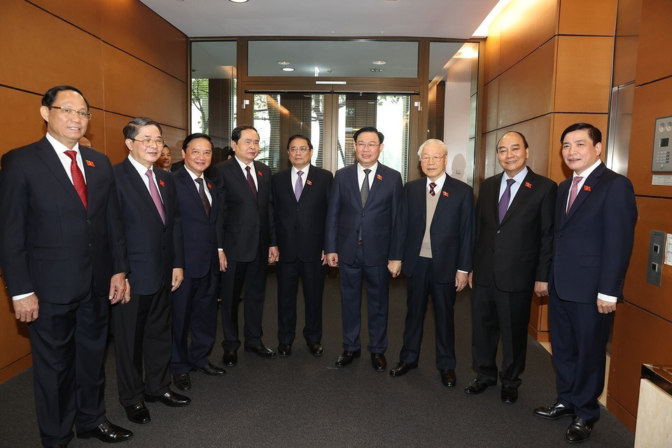 Tổng Bí thư Nguyễn Phú Trọng và các lãnh đạo Đảng, Nhà nước dự khai mạc Kỳ họp bất thường lần thứ hai, Quốc hội khóa XV. (Ảnh: Trí Dũng/TTXVN)