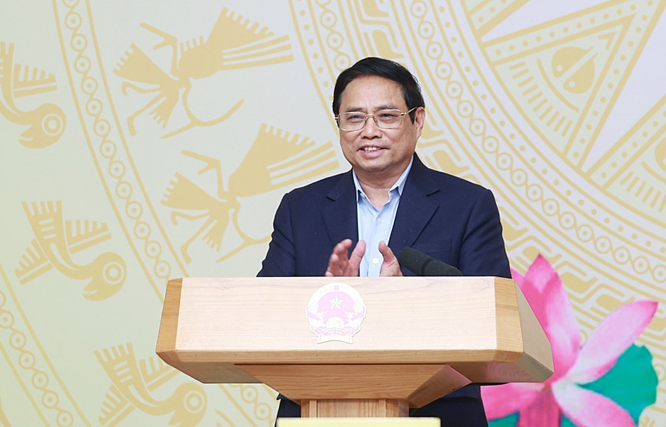 Thủ tướng Phạm Minh Chính phát biểu kết luận phiên họp lần thứ 5 của Ủy ban Quốc gia về chuyển đổi số. (Ảnh: Dương Giang/TTXVN)